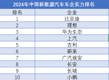 2024年中國(guó)新能源汽車車企實(shí)力排名
